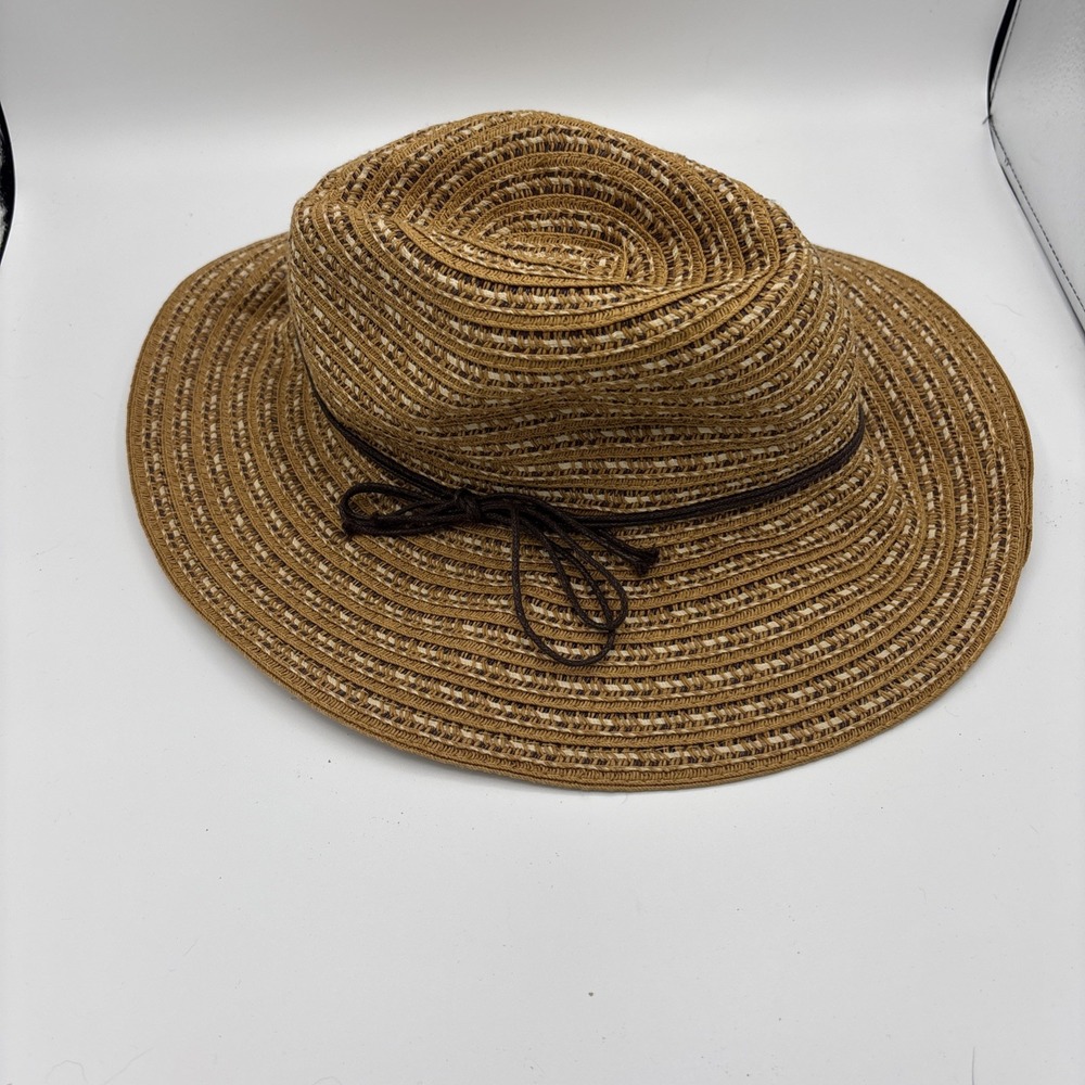 August Hat Company Womens Straw Paper Sun Hat Wide Brim Brown White Striped